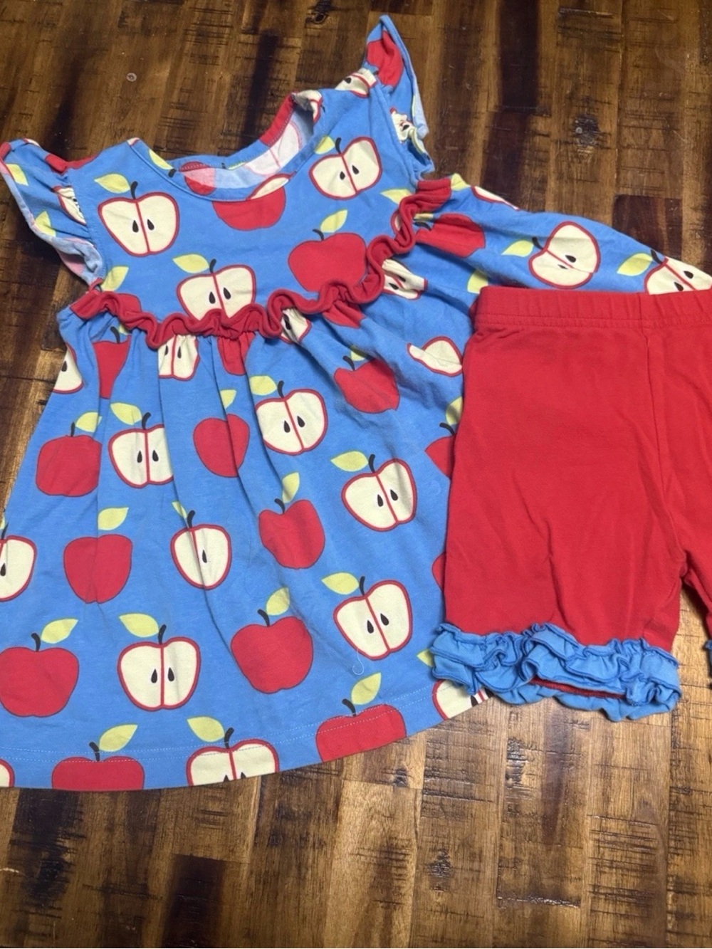 Kelly's Kids Blue Apple Dress with Red Shorts